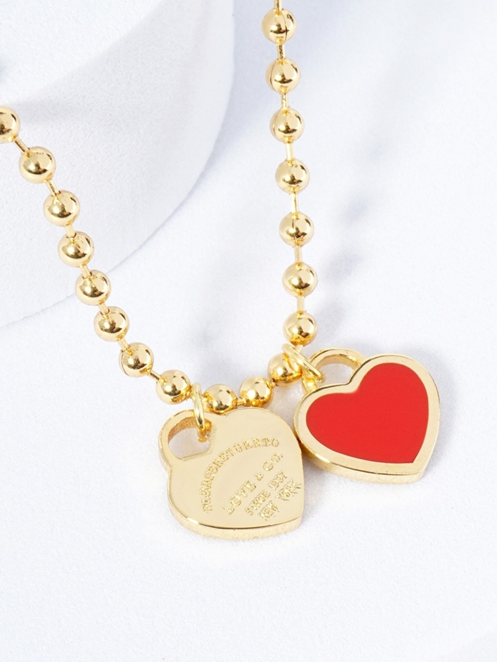 Red Double Heart Pendant Charm Necklace Dipped Metal Chain Link Bubble Gold